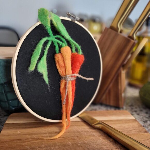 Vegetables on Embroidery Hoops | Handmade | Wool Needle Felting 1 Piece: Carrots - Picture 1 of 8